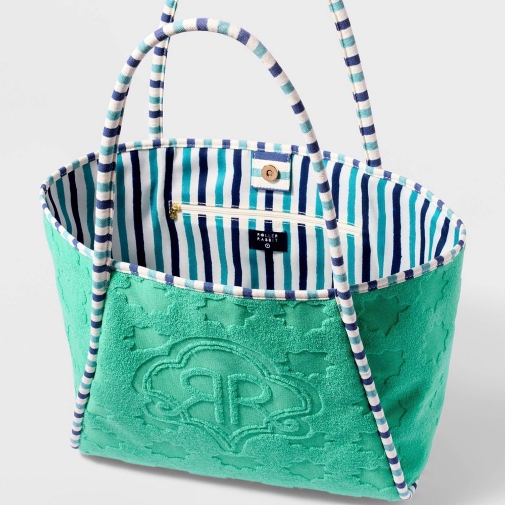💚💙 Roller Rabbit x Target Star Geo Large Terry Beach Tote Bag Green - Picture 4 of 8